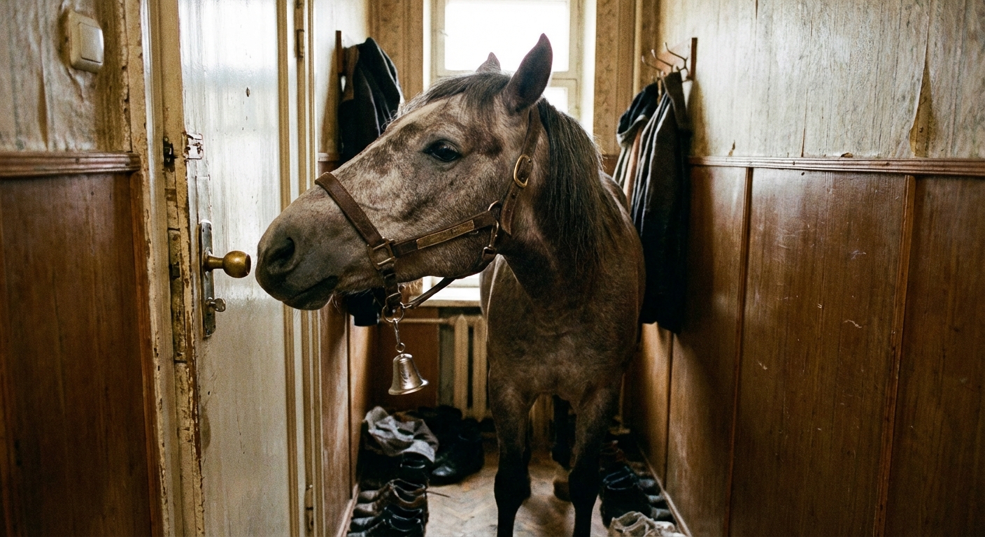 Koń zawraca w wąskim korytarzu, a dyndająca ozdoba na kantarze jest blisko klamki drzwi.