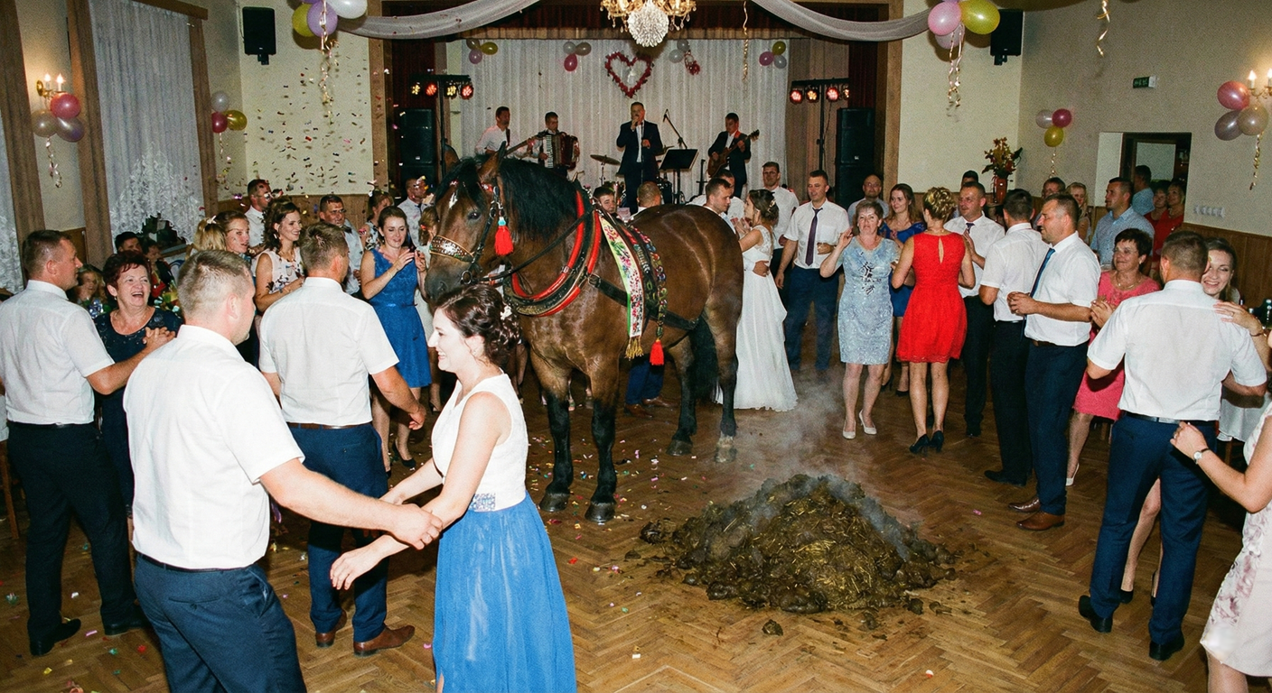 Koń stoi na sali weselnej zaraz po defekacji. Zabawa trwa.