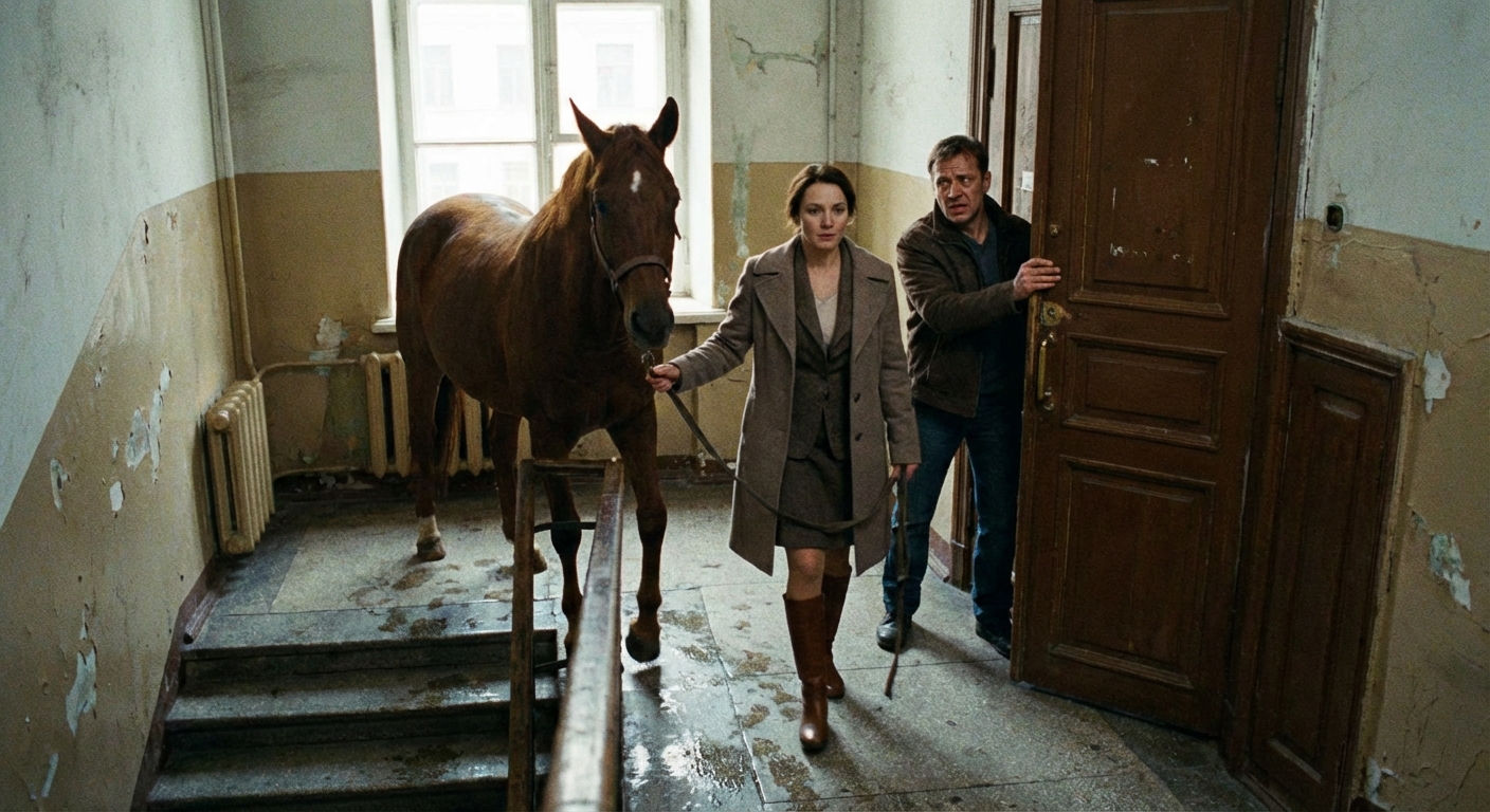 Koń na klatce schodowej, żona prowadzi, mąż zabezpiecza drzwi; na stopniach widać wilgoć zwiększającą ryzyko poślizgu.