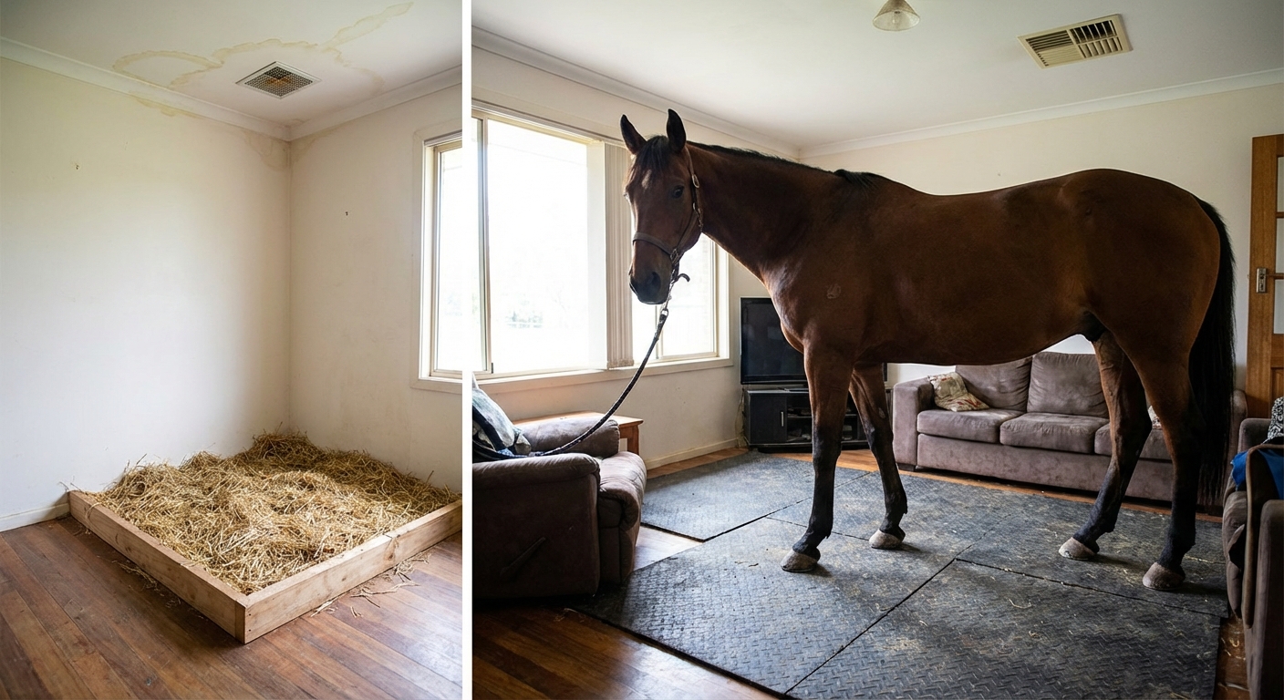 Koń w pokoju, wydzielony mokry róg na ściółce i subtelne zacieki przy narożniku sufitu.