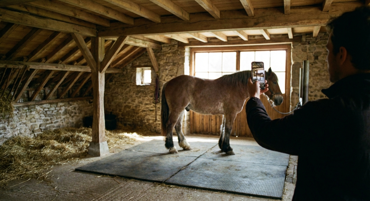 Dokumentowanie zmian: osoba fotografuje narożnik sufitu telefonem, obok stoi koń w pokoju na matach i ściółce.