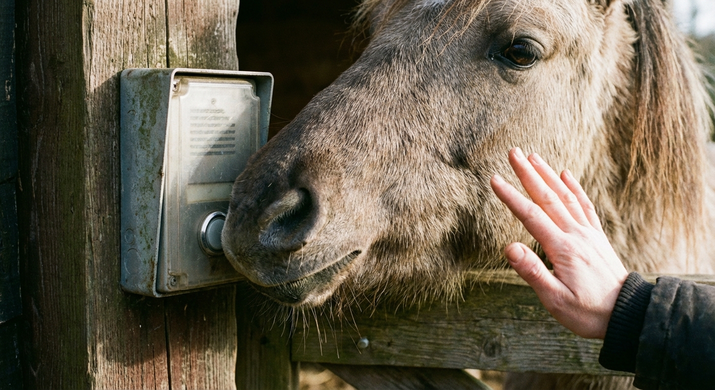 Zbliżenie na pysk konia przy domofonie z osłoną przycisku; widać rękę człowieka kontrolującą sytuację.