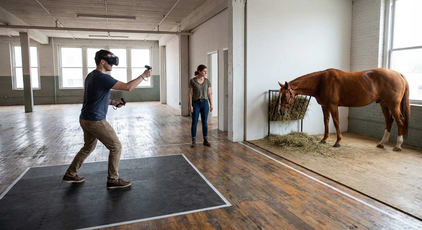 Osoba w VR ćwiczy w wyznaczonej strefie, drugi domownik obserwuje konia jedzącego siano w bezpiecznej odległości.