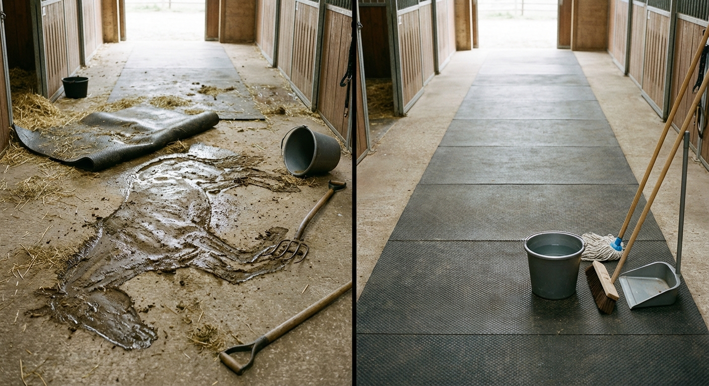 Podzielony kadr: po lewej bałagan i śliska plama po incydencie, po prawej uporządkowana, bezpieczna trasa przejścia.