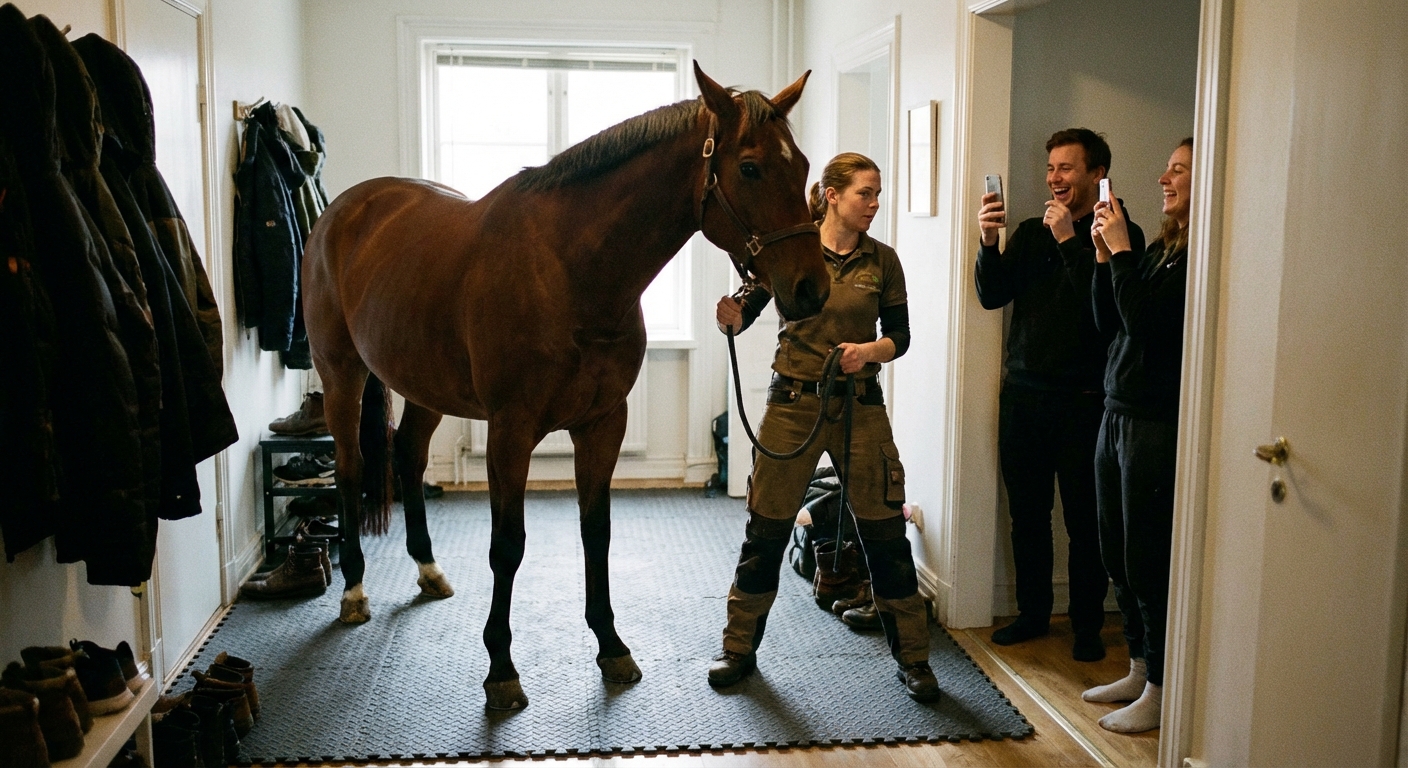 Koń w mieszkaniu w przedpokoju, opiekun zasłania go przed rozbawionymi gośćmi z telefonami.