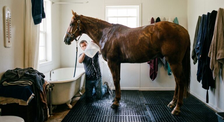 Nocna toaleta: mycie konia w wannie (koń w domu)