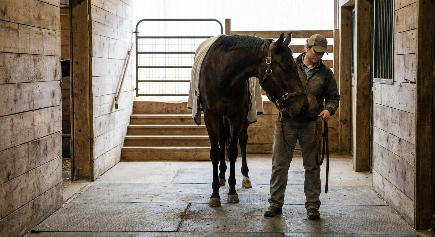 Koń po sedacji stoi w korytarzu, opiekun go asekurował; schody są zablokowane bramką bezpieczeństwa