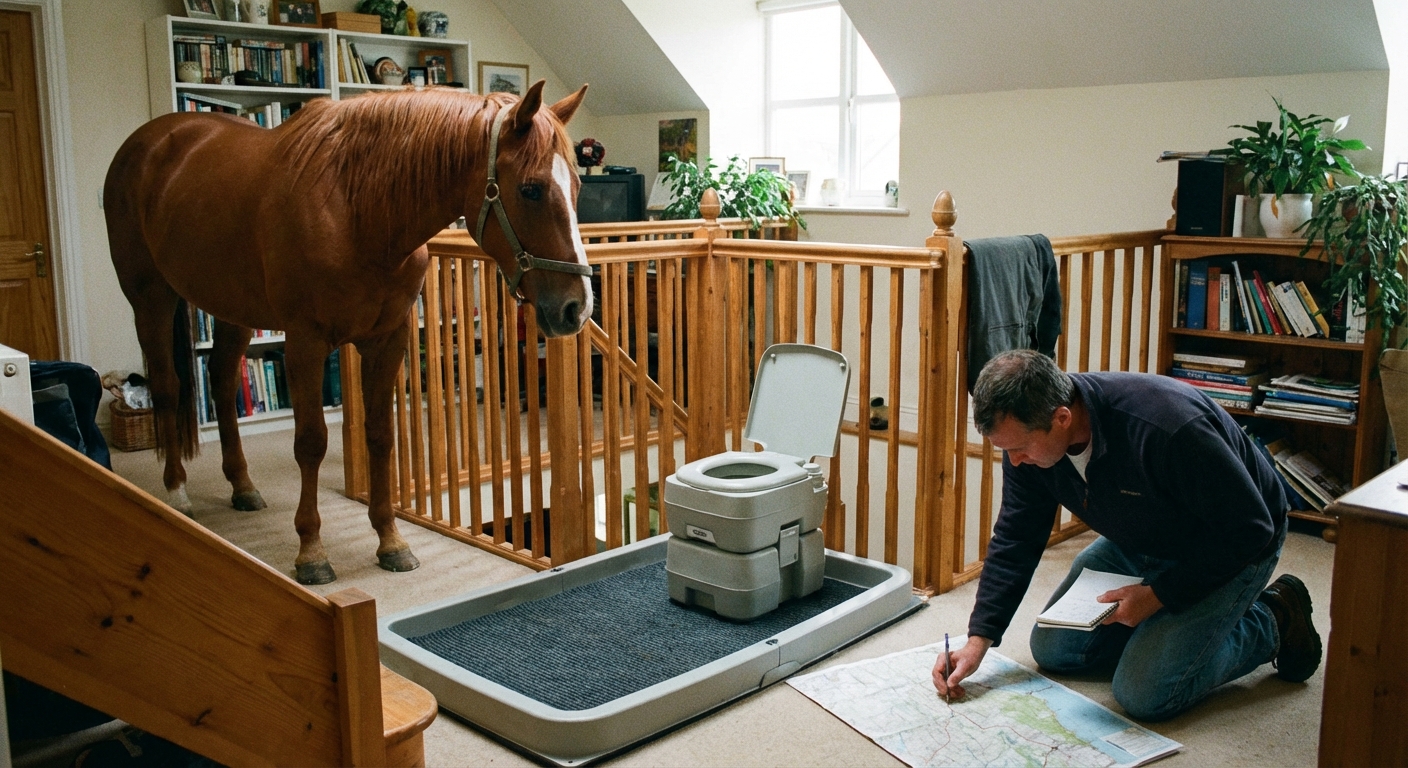 Koń na piętrze obok schodów i modułowej toalety; widać bezpieczne ustawienie i przygotowaną trasę dojścia.