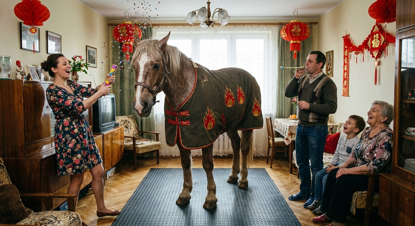Koń w salonie na macie, rodzina świętuje z konfetti i gwizdkiem, w tle czerwone dekoracje.